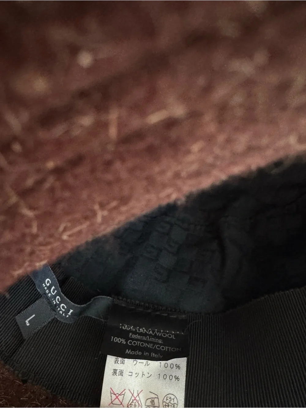 Gucci Felt Wool Bucket Hat Brown Black Band Logo Plaque Size Large